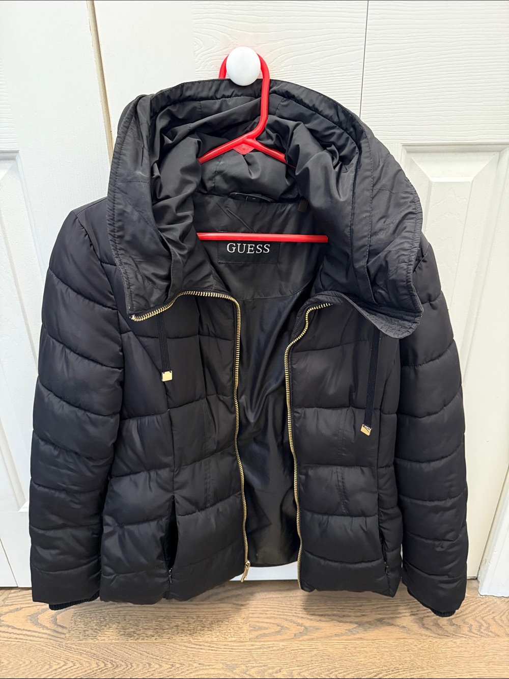 GUESS Black Quilted Puffer Jacket with Gold Hardware